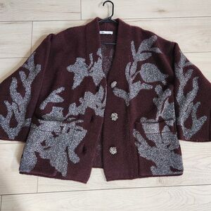 Burgundy and Gray Floral Cardigan